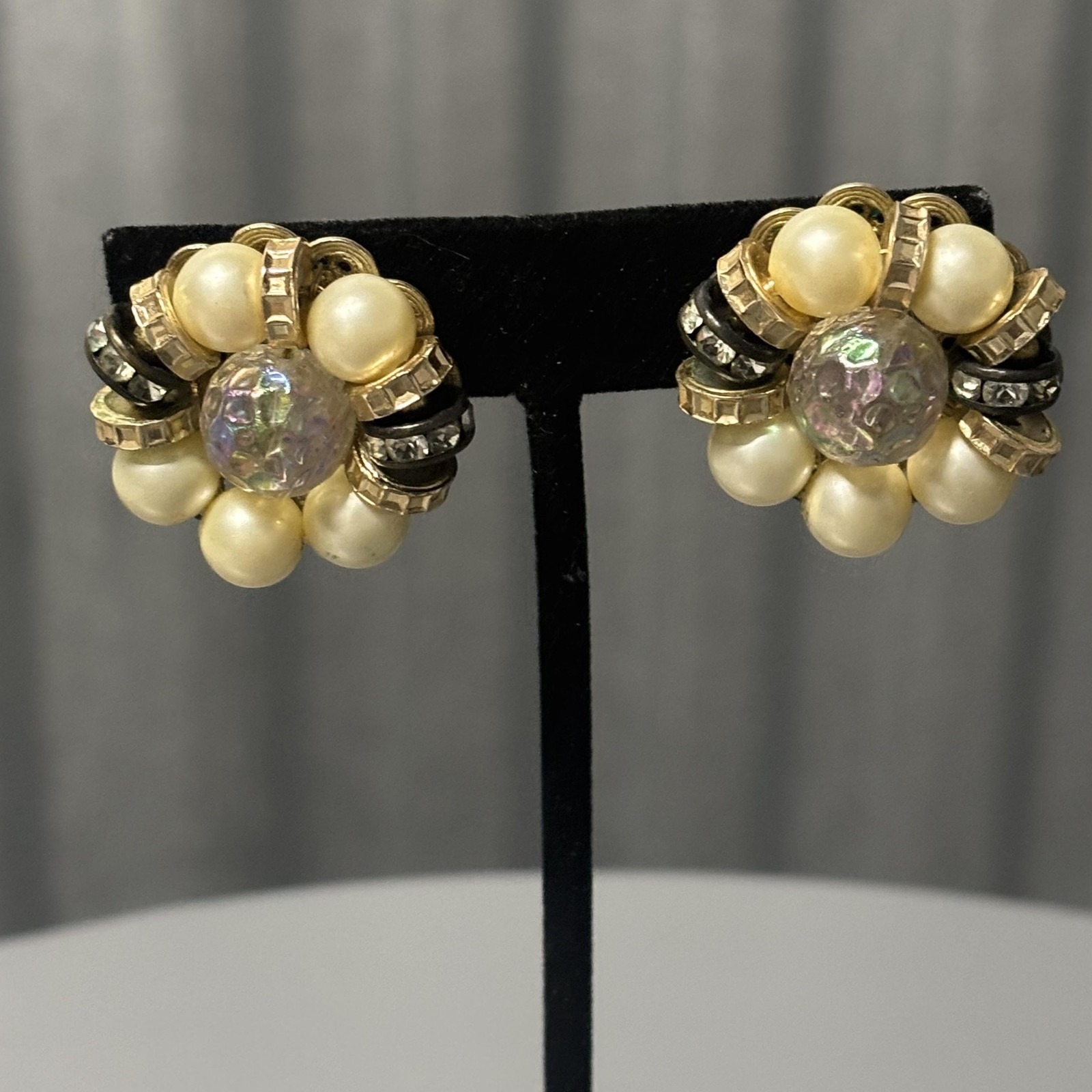 Vintage Hob Clip-On Earrings Gold Tone Faux Pearl Rhinestone Ab Round Cluster